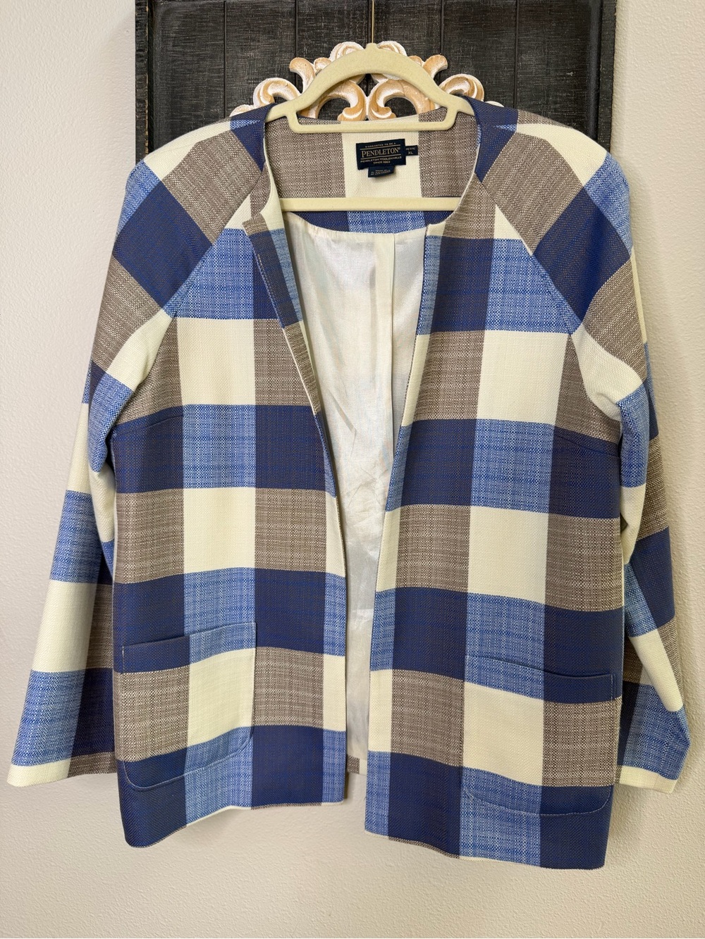Pendleton 100% Virgin Wool Ivory Brown Blue Buffalo Plaid Blazer - XL Petite